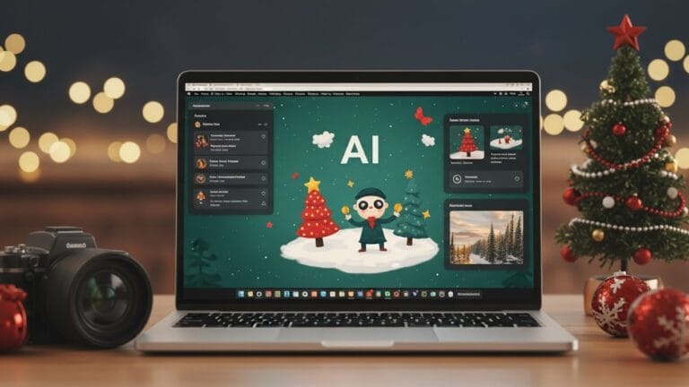 AI-generated holiday digital art on a laptop screen with Christmas decorations.