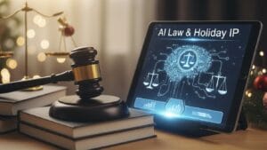 Legal gavel and digital tablet symbolizing AI law and holiday intellectual property.